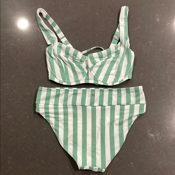 Victoria’s Secret Green Stripes Bikini Top and Bottom 34DDD/Large NWT - Picture 1 of 15